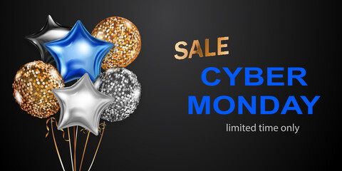 Wall Mural - Cyber Monday sale banner with blue, golden and silver balloons on black background. Vector illustration for posters, flyers or cards.