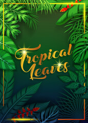 Wall Mural - Exotic pattern with tropical leaves on a black background.