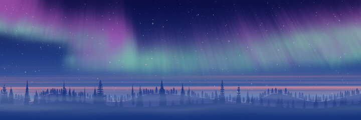 Wall Mural - fantasy on the theme of the northern landscape. dusk and polar lights. forest and sunset light. vect