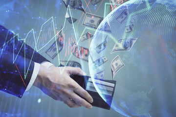 Aufkleber - Multi exposure of financial graph drawing hologram and USA dollars bills and man hands. Analysis concept.