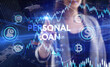 © Egor - Business, Technology, Internet and network concept. Young businessman working on a virtual screen of the future and sees the inscription: Personal loan