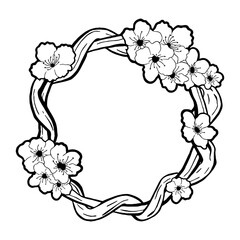 Doodle black line sakura vine circle frame. 2 silhouette for cut file, clipart. Digital or printable sticker. Vector illustration for decorate logo, card or any design.