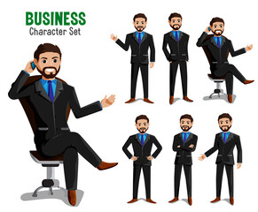 Poster - Businessman vector character set. Business man characters in different pose and gestures like calling, sitting  and standing  for office male manager cartoon design. Vector illustration.
