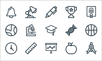 education line icons. linear set. quality vector line set such as divider, presentation, clock, apple, ruler, earth, dna, trophy, table lamp.