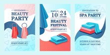 Creative Promotional Invitation Designs With Towels. Promotional Invitation For Beauty Festival With Text. Spa And Relaxation Concept. Template For Leaflet, Banner Or Flyer