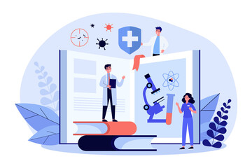Poster - Tiny people learning medicine course. Book, doctor, study flat vector illustration. Education and virology concept for banner, website design or landing web page