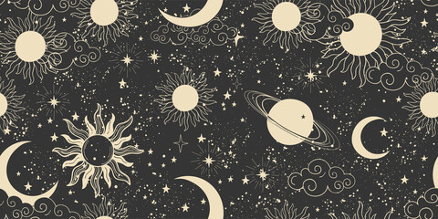 seamless black space pattern with sun, crescent and stars on a blue background. mystical ornament of