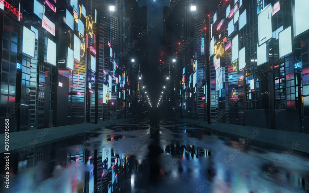 3D Rendering of billboards and advertisement signs at modern buildings in capital city with light reflection from puddles on street. Concept for night life, never sleep business district center (CBD) - obrazy, fototapety, plakaty 