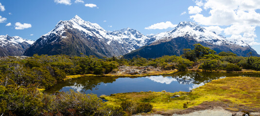 Poster - High angle shot of the Key Summit and the Lake Marian in New Zealand