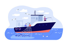 Fishermen Sailing Boat In Sea And Fishing With Rod And Net. Vector Illustration For Fisher Job, Fishermen Ship, Commercial Fishing Concept