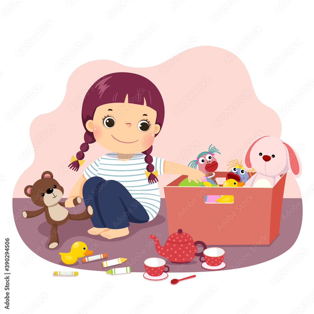 Vector illustration cartoon of a little girl putting her toys into the box.  Kids doing housework chores at home concept. Stock Vector | Adobe Stock, image size:1000x1000