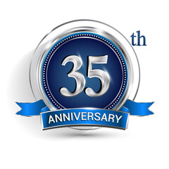 Celebrating 35th anniversary logo, with silver ring and ribbon isolated on white background.