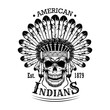 © Bro Vector - American Indian skull vector illustration. Head of skeleton with feather headdress and text. Native Americans and Red Indian concept for emblems or labels templates