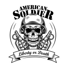 Wall Mural - American soldier skull vector illustration. Head of skeleton in tankman helmet, two grenades and liberty or death text. Military or army concept for emblems or tattoo templates