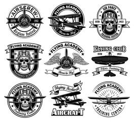 Fototapete - Retro stickers for flying academy vector illustration set. Vintage monochrome pilot skull and aircraft isolated vector illustration collection. Airplane festival concept can be used for template