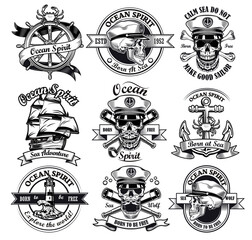 Fototapete - Monochrome symbol of ocean spirit vector illustration set. Retro captain skull, ship, anchor isolated on white background. Sea and sailing concept can be used for retro template