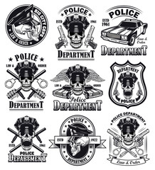 Fototapete - Vintage badge for police department vector illustration set. Monochrome skulls in policeman cap with guns. Law and order concept can be used for retro template, banner or poster
