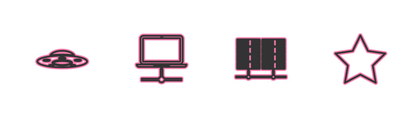 Set line UFO flying spaceship, Server, Data, Web Hosting, Computer network and Star icon. Vector.