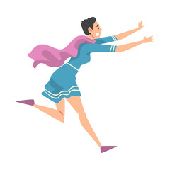 Wall Mural - Frightened Young Woman in Blue Dress Running Away Cartoon Style Vector Illustration