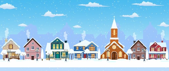 Wall Mural - happy new year and merry Christmas winter old town street. christmas town city seamless border panorama. Vector illustration in flat style