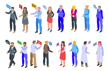 Poster - Discussion icons set. Isometric set of discussion vector icons for web design isolated on white background
