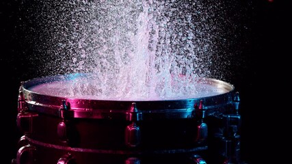 Poster - Super slow motion of drummer banging on drum with water splashing. Filmed on high speed cinema camera , 1000 fps.