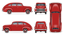 Vintage Car Vector Mockup On White Background. Isolated Red Auto View From Side, Front, Back, Top. All Elements In The Groups On Separate Layers For Easy Editing And Recolor.