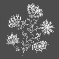 Bouquet of fantastic flowers. Background in ethnic traditional style. Abstract vintage pattern with decorative flowers, leaves and Paisley pattern in Oriental style.