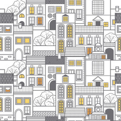  Town with small old houses. Vector seamless pattern. Wallpaper.