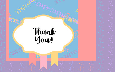 Sticker - Design template for cute Thank you card . Template for scrapbooking with hand drawn doodle patterns. For birthday, anniversary, party invitations. Vector