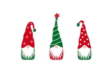 Vector Illustration Set Of Cute Three Christmas Gnomes Isolated On White Background. Collection Of Funny Xmas Gnomes With Beard And Hat For Card, Greeting, House And Garden.