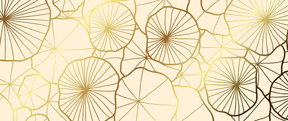 Golden lotus leaf line arts on dark background, Luxury gold wallpaper design for prints, banner, fabric, poster, cover, digital arts vector illustration..