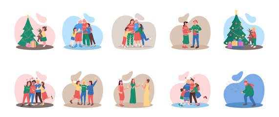 Poster - Christmas season flat color vector faceless character set. Family and friends. Luxury festive event. Winter holiday isolated cartoon illustration for web graphic design and animation collection