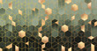Geometric abstraction of hexagons in green tones on a raised background with gold elements.