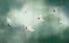 Flight Of Storks In The Misty Forest. Interior Printing On The Wall.