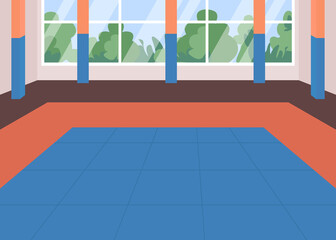 Poster - Martial arts dojo flat color vector illustration. Karate school class. Place for sport exercise. Empty space for kung fu training. Gym room 2D cartoon interior with window on background