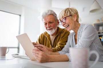 Senior couple doing video chat with grandchildren using computer