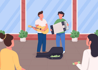 Poster - Street musicians flat color vector illustration. Guitarist and accordion player earn money. Crowd listen to performance. Acoustic music band 2D cartoon characters with city on background