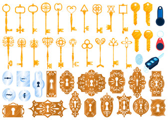 Old golden lock keys isolated vector illustrations set. Safety privacy antique and modern secure keys, security door keyhole icons set. Unlock protection secret. Vintage and retro keys. Safety.