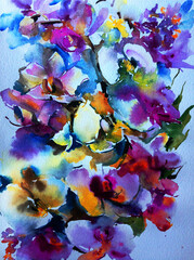  Abstract bright colored decorative background . Floral pattern handmade . Beautiful tender romantic bouquet of orchid flowers , made in the technique of watercolors from nature.