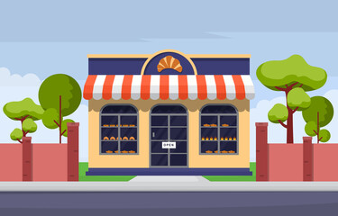 Wall Mural - Showcase Bakery Shop Food Store Facade Street Cartoon Illustration