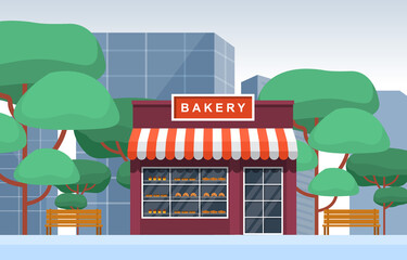 Wall Mural - Showcase Bakery Shop Food Store Facade City Cartoon Illustration