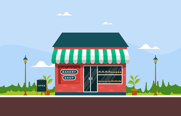 Wall Mural - Showcase Bakery Shop Food Store Facade Street Cartoon Illustration