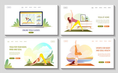 Set of web pages with women doing yoga exercises. Yoga in nature or at home. Online yoga classes, healthy lifestyle, flexibility, fitness concept. Vector illustration for poster, banner, website.