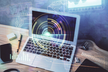 double exposure of desktop computer and technology theme hologram. concept of software development.