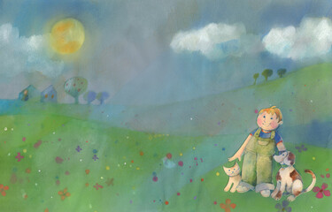 collage, watercolor and crayon illustration of a boy with a cat and dog in a spring landscape