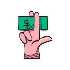 Hand holding money icon in color drawing. Service tip hotel waitress restaurant bribe gratification