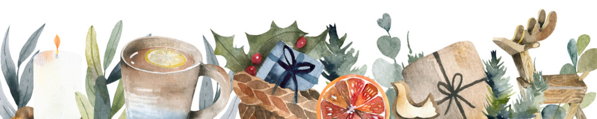 Horizontal banner with christmas tree garland and ornaments. Hanging gold and red balls and ribbons. Great for flyers, posters, headers.  illustration