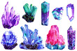 Watercolor crystal gems set. Hand drawn illustration isolated on white background.