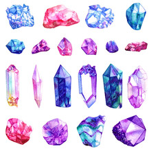 Watercolor Crystal Gems Set. Hand Drawn Illustration Isolated On White Background.